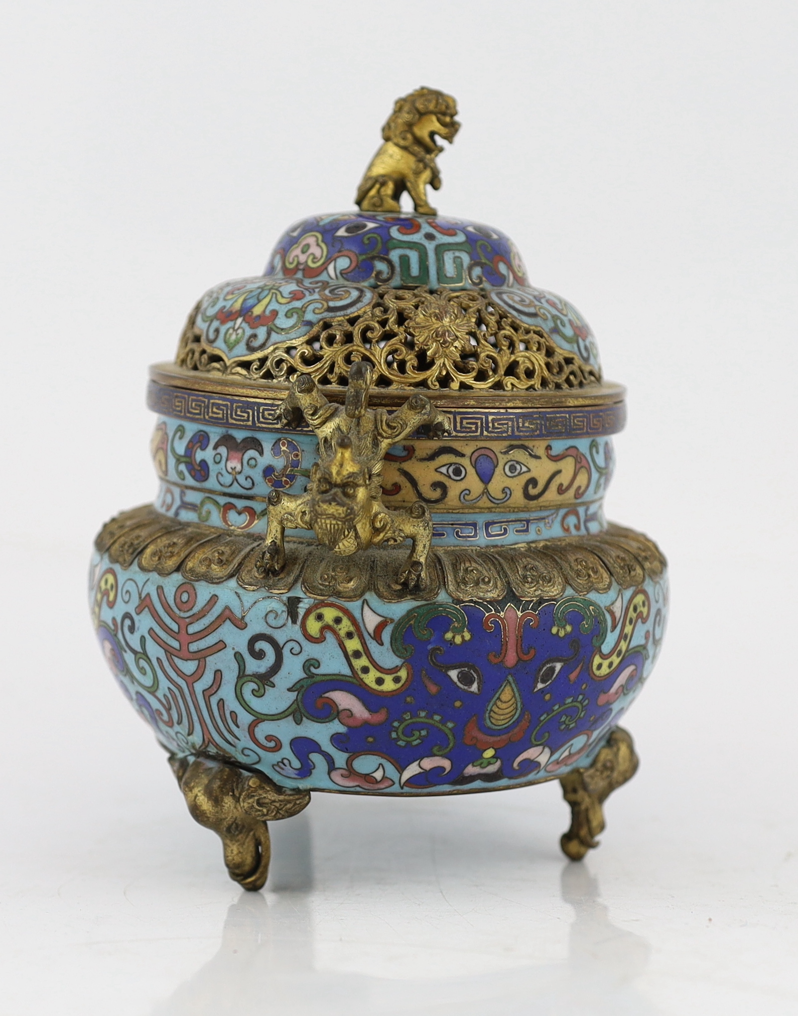 A Chinese cloisonné enamel and gilt bronze mounted censer and cover, 19th century, minor damage